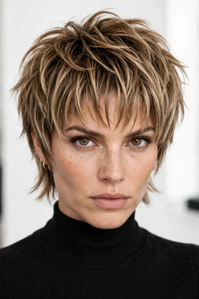 Short Wolf Cut With Curtain Bangs: 15 Chic Ideas 15 Bronde Layered Short Wolf Cut With Edgy Curtain Bangs