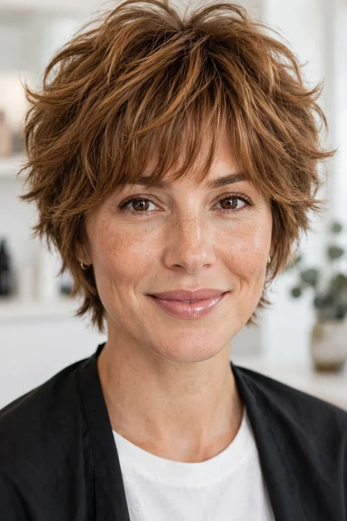 Short Wolf Cut With Curtain Bangs: 15 Chic Ideas 16 Fluffy Caramel Brown Short Wolf Cut With Tousled Curtain Bangs