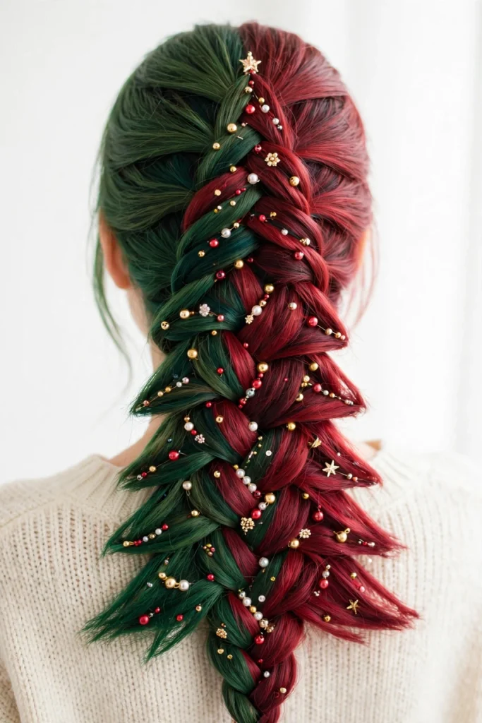 25 Magical Christmas Hairstyles to Try This Year 3 1. Christmas Tree Braid in Pine Green and Carmine Red