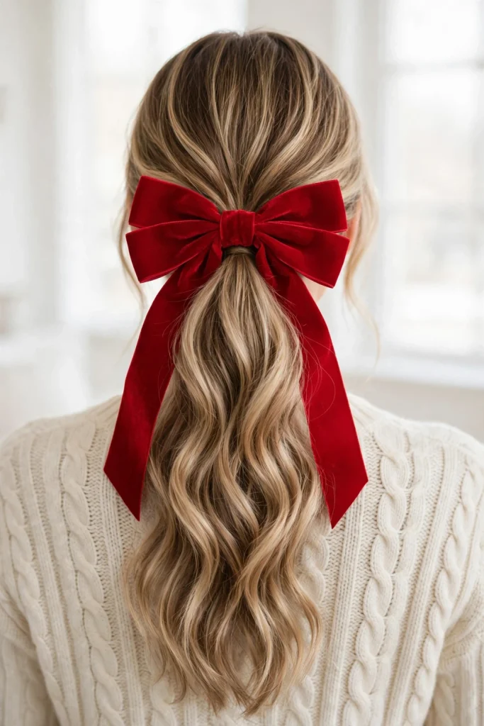 25 Magical Christmas Hairstyles to Try This Year 4 2. Long Wavy Ponytail with an Oversized Christmas Bow