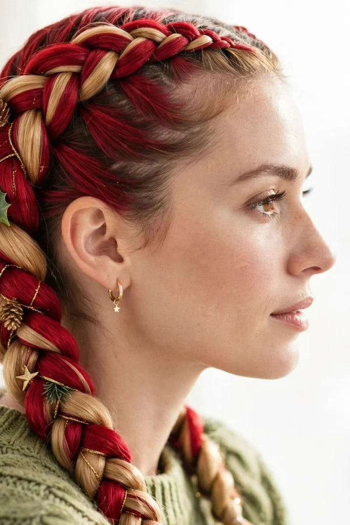 25 Magical Christmas Hairstyles to Try This Year 5 3. Crimson and Honey Dutch Braids