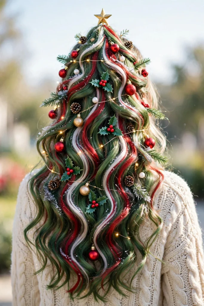 25 Magical Christmas Hairstyles to Try This Year 6 4. Christmas-Tree-Inspired Long Waves