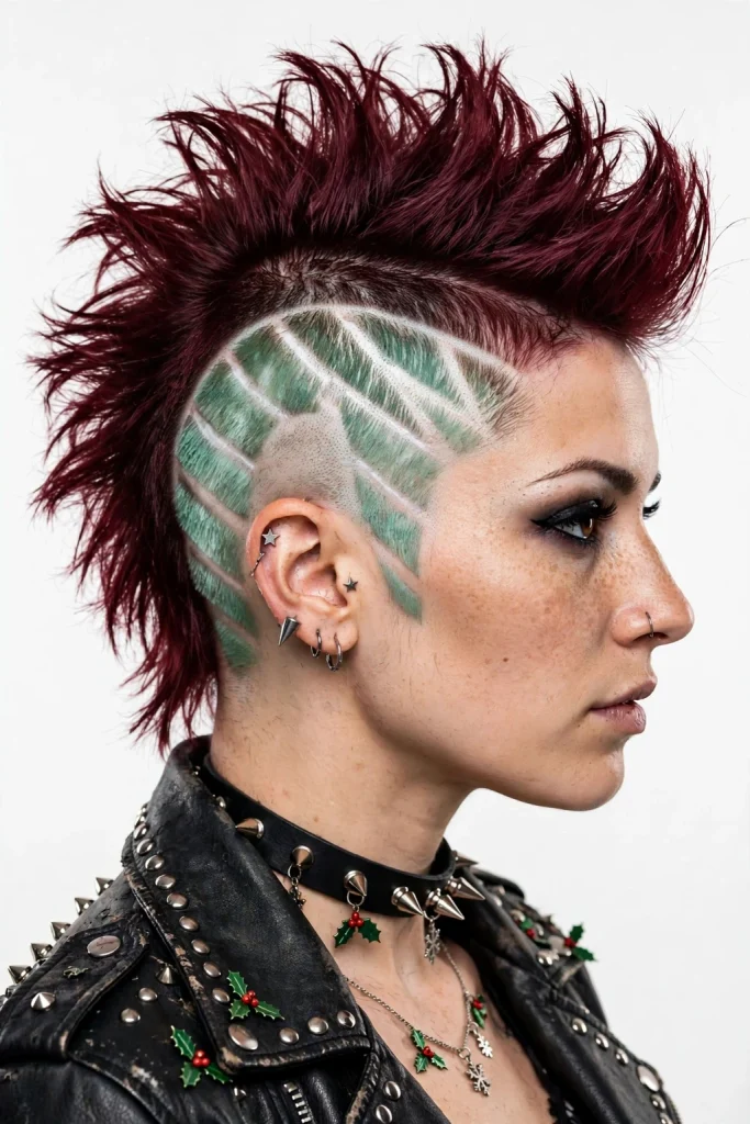 25 Magical Christmas Hairstyles to Try This Year 7 5. Burgundy Mohawk with a Mint Candy Undercut