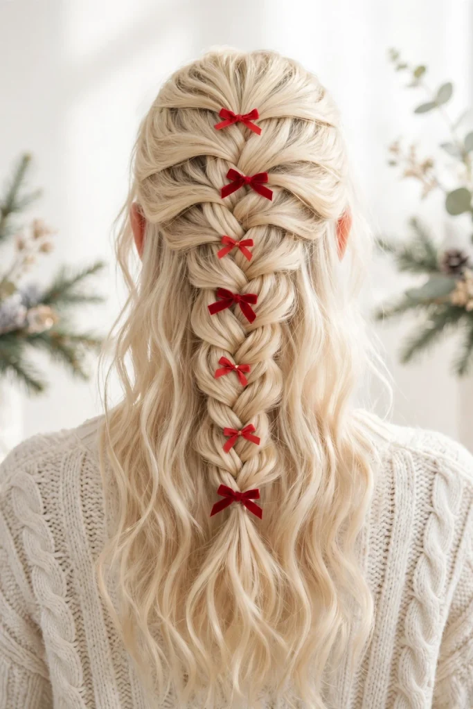 25 Magical Christmas Hairstyles to Try This Year 9 7. Blonde French Braid Dotted with Tiny Red Bows