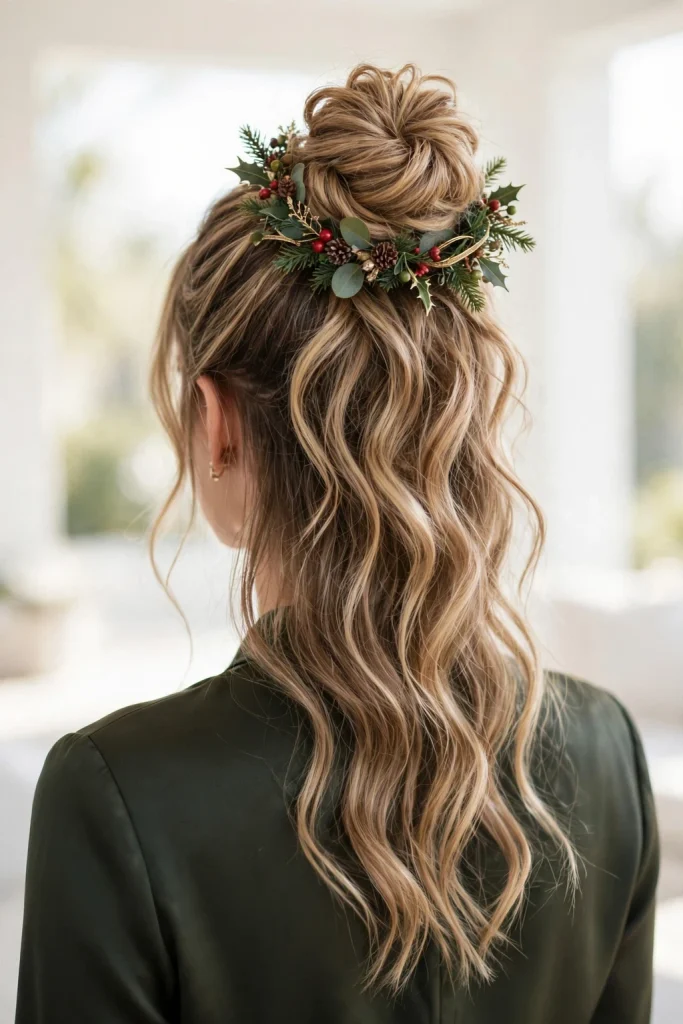 25 Magical Christmas Hairstyles to Try This Year 10 8. Top Knot Bun with a Mini Christmas Wreath