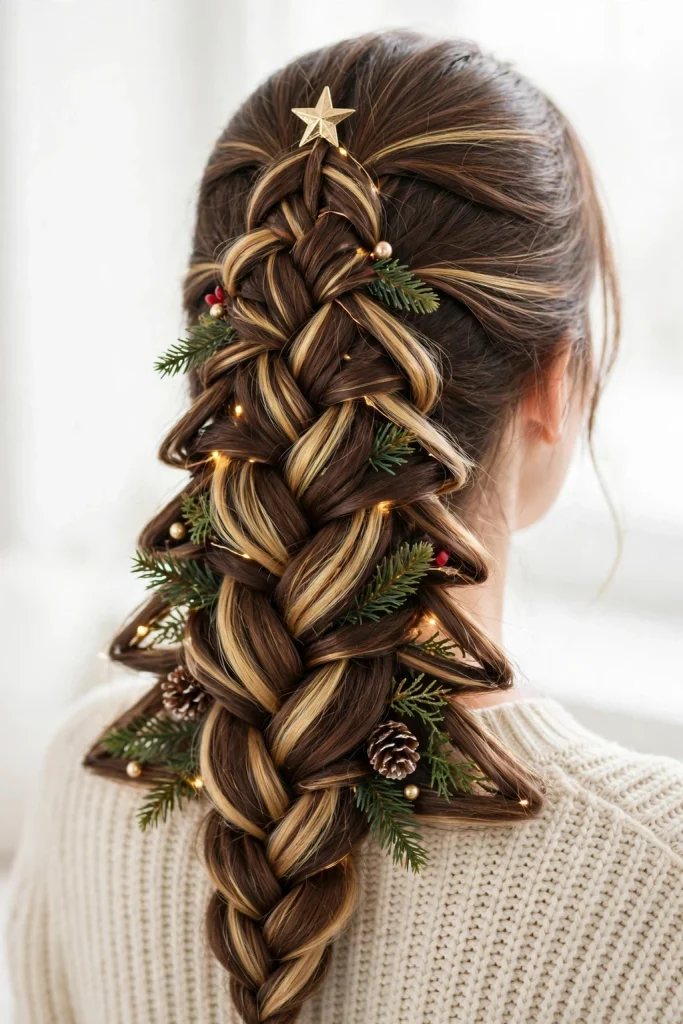 25 Magical Christmas Hairstyles to Try This Year 11 9. Christmas Tree French Braid with Golden Highlights