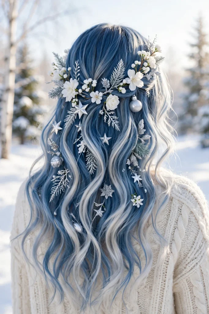 25 Magical Christmas Hairstyles to Try This Year 12 10. Silent-Night Blue and White Balayage