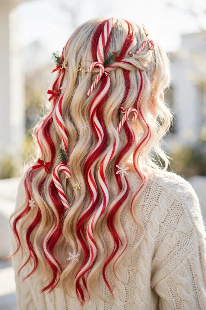 25 Magical Christmas Hairstyles to Try This Year 13 11. Candy Cane Red-and-White Waves