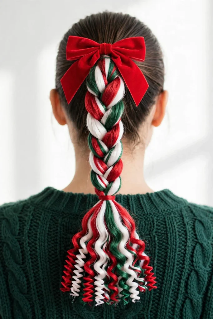 25 Magical Christmas Hairstyles to Try This Year 14 12. Festive Braided Ponytail with Bow and Crimped Ends