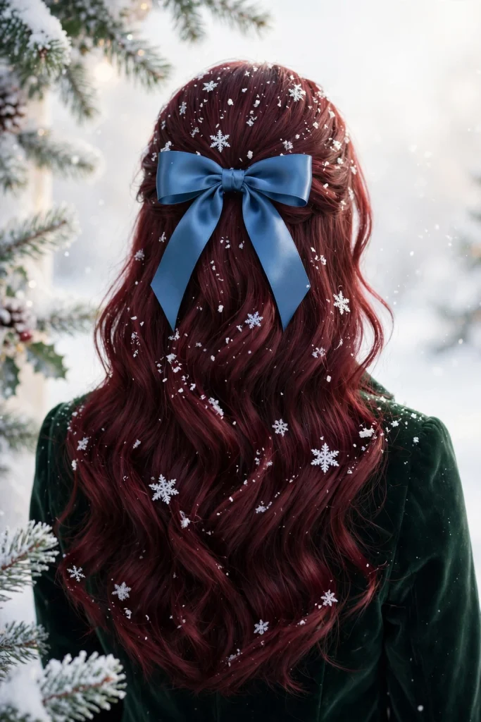 25 Magical Christmas Hairstyles to Try This Year 15 13. Burgundy Waves with Satin Bow and Snowflakes