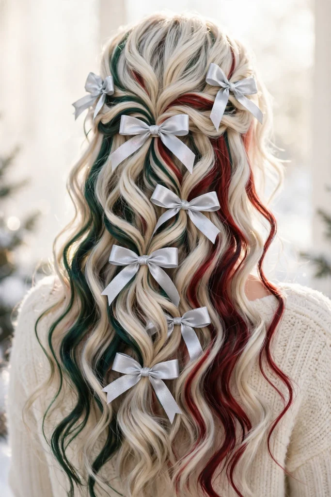 25 Magical Christmas Hairstyles to Try This Year 16 14. Icy Blonde with Red-Green Highlights and Ribbon Bows