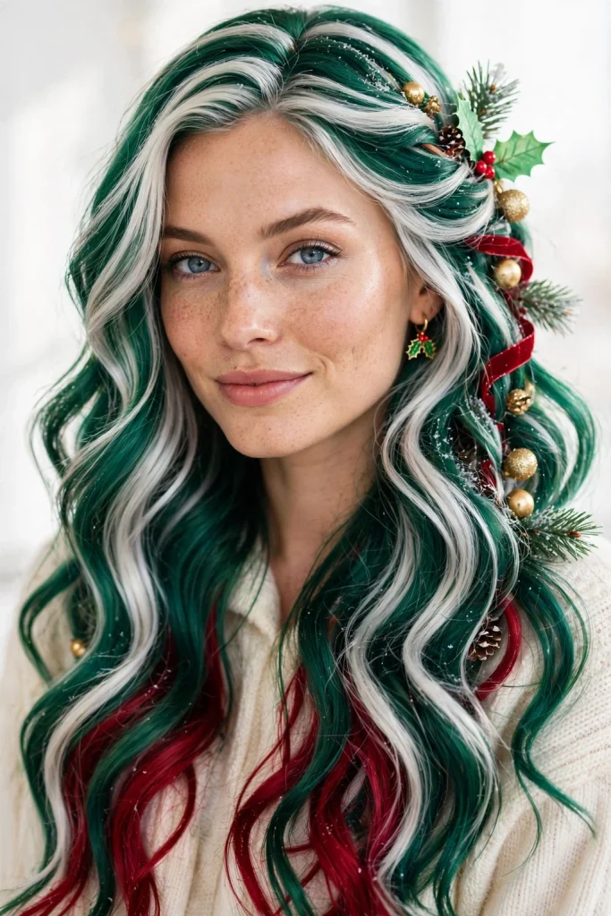 25 Magical Christmas Hairstyles to Try This Year 17 15. Emerald Green Waves with Ruby Red Underlights
