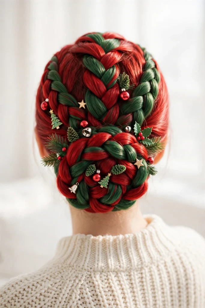 25 Magical Christmas Hairstyles to Try This Year 18 16. Red and Green Braided Bun with Ornaments