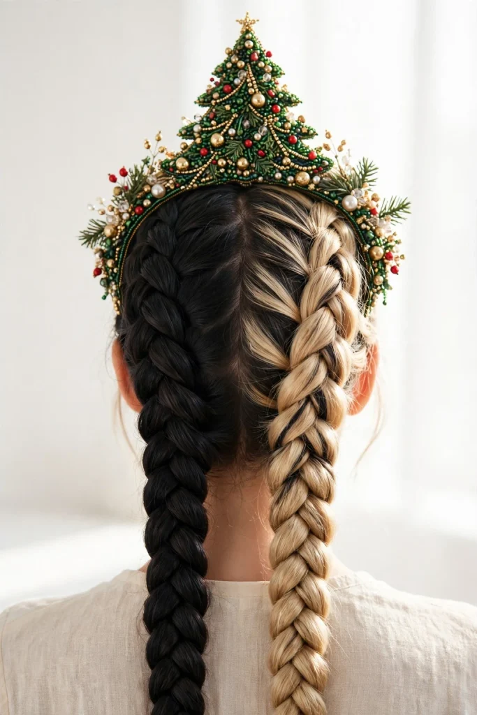25 Magical Christmas Hairstyles to Try This Year 19 17. Dutch Braids with a Beaded Christmas Tree Crown