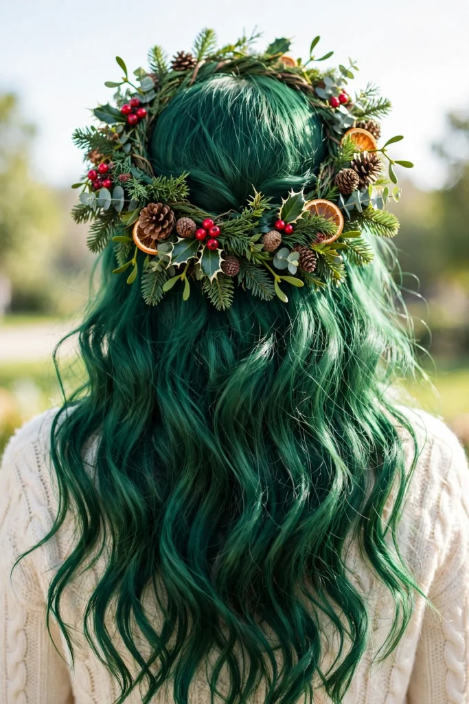 25 Magical Christmas Hairstyles to Try This Year 21 19. Long Emerald Green Hair with a Christmas Wreath
