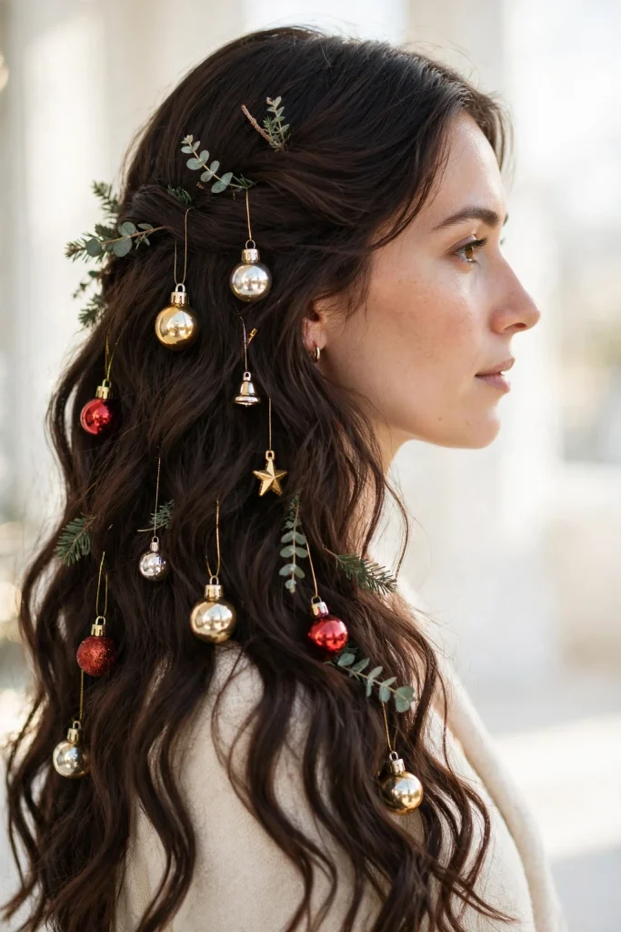 25 Magical Christmas Hairstyles to Try This Year 22 20. Long Brown Waves with Hanging Christmas Ornaments