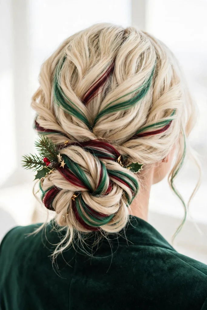 25 Magical Christmas Hairstyles to Try This Year 23 21. Twisted Knot with Pine and Berry Highlights