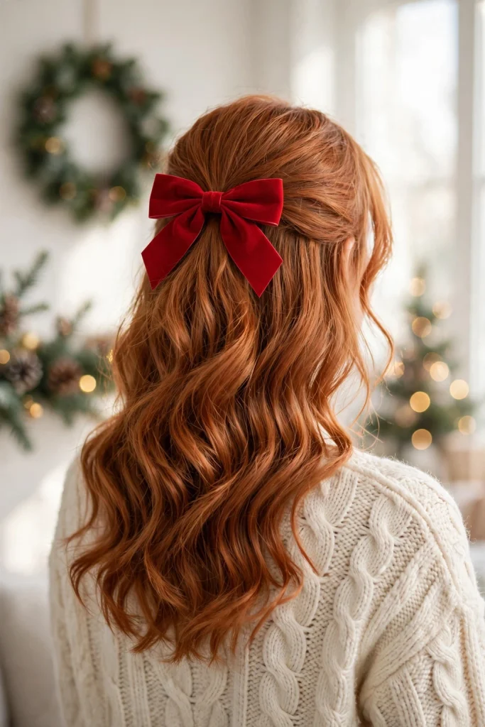 25 Magical Christmas Hairstyles to Try This Year 24 22. Ginger Waves with a Classic Red Bow