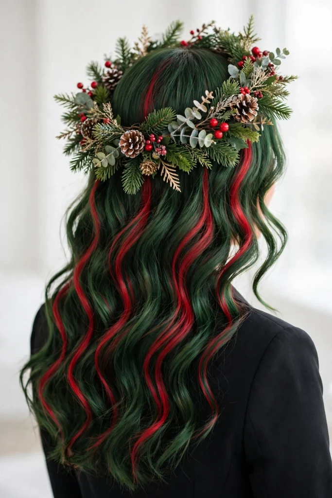 25 Magical Christmas Hairstyles to Try This Year 25 23. Bottle Green Waves with Red Highlights and a Wreath