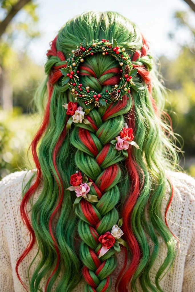 25 Magical Christmas Hairstyles to Try This Year 26 24. Fishtail Braid with Ribbon Flowers and Beaded Wreath