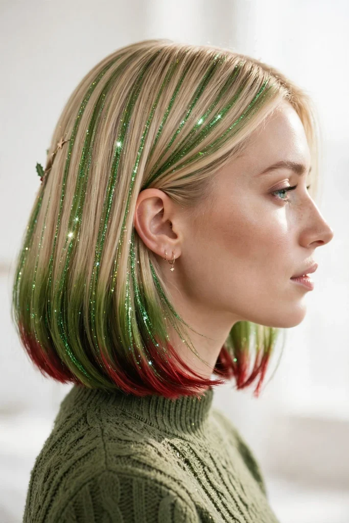 25 Magical Christmas Hairstyles to Try This Year 27 25. Blonde Bob with Red and Moss Green Tips