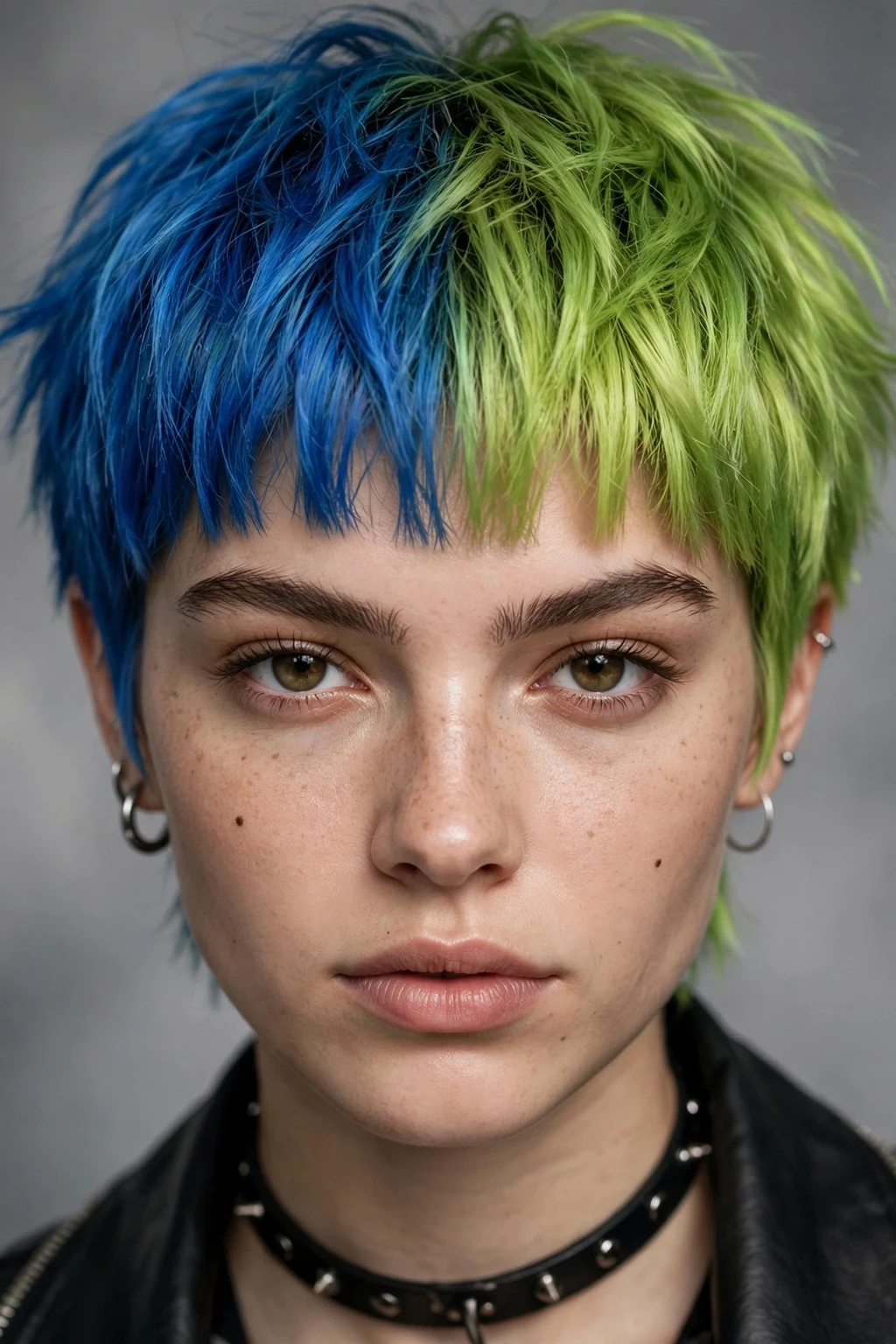 5. True Blue and Lime Green Pixie With Micro Bangs