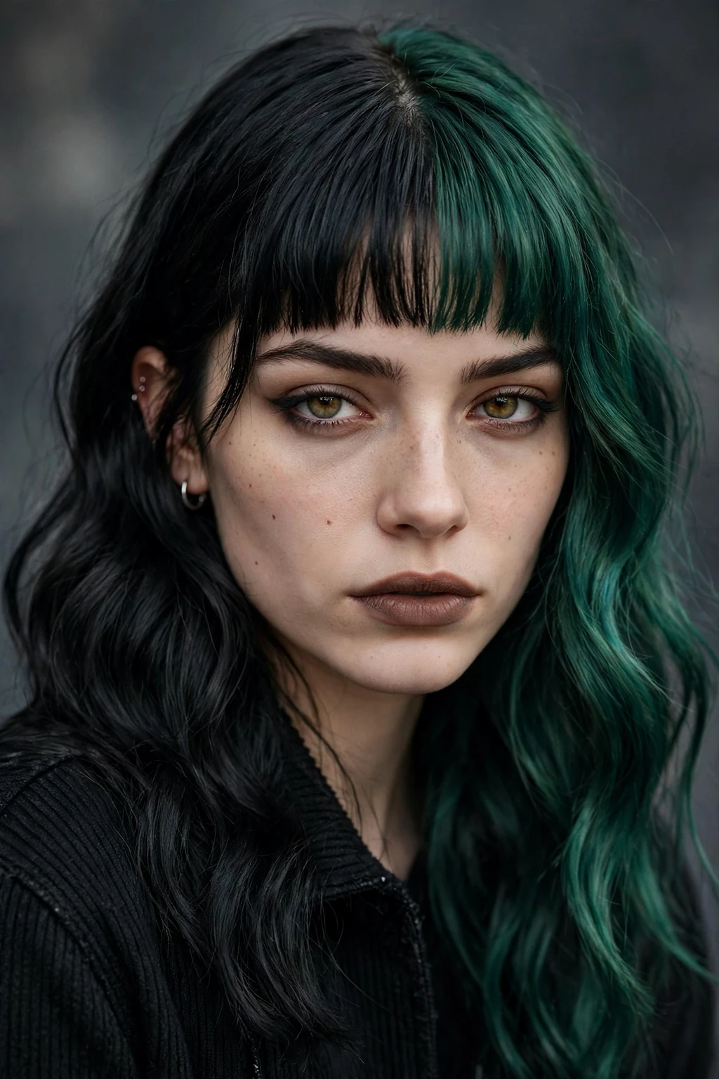10. Black and Emerald Waves With Blunt Bangs