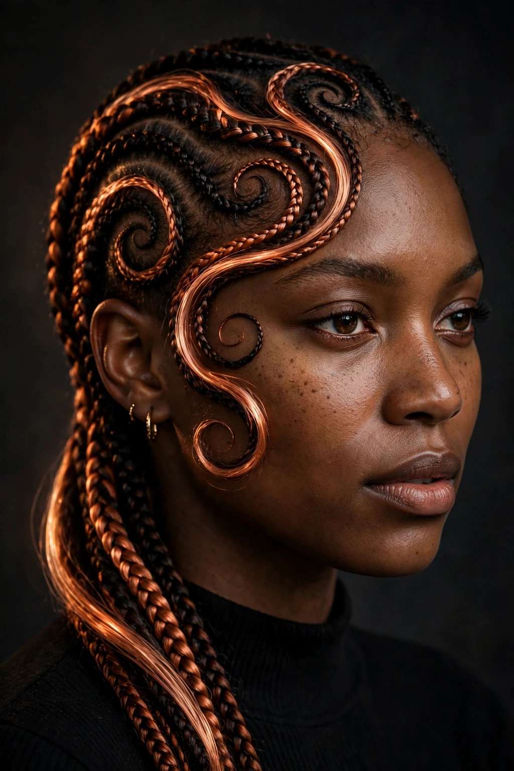 Swirl Cornrows: 15 Stunning Ideas to Try 14 12. Side Swirl Braids With Copper Highlights