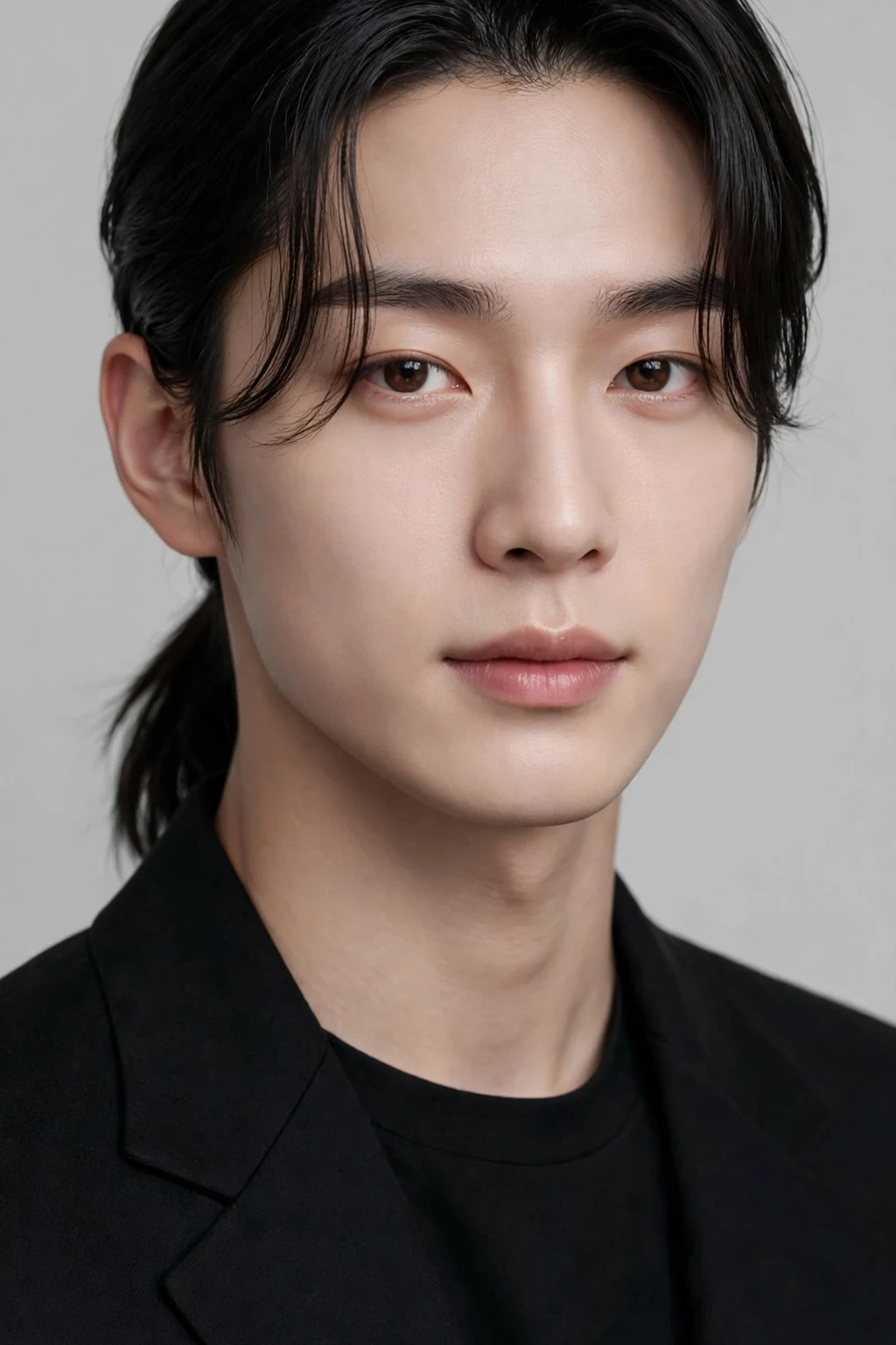Korean Hairstyles for Men: 15 Sharp Ideas to Try 12 10. Black Ponytail with Curtain Bangs