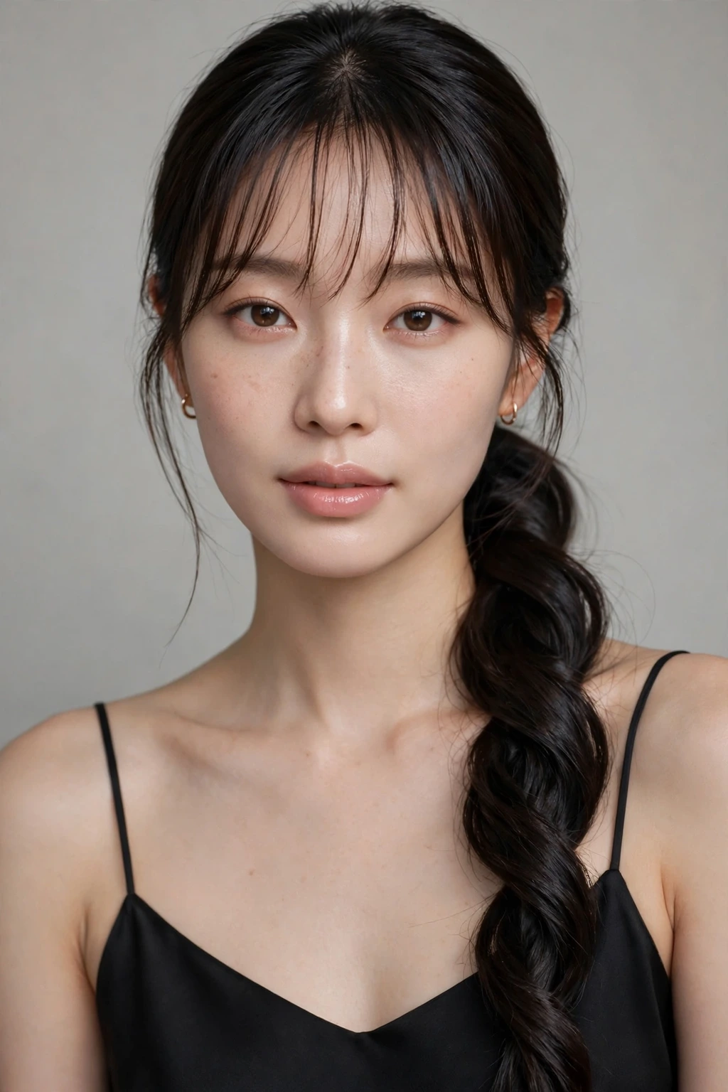 Korean Hairstyles for Women: 15 Lovely Ideas to Try 5 3. Long Twisted Ponytail With Korean Bangs