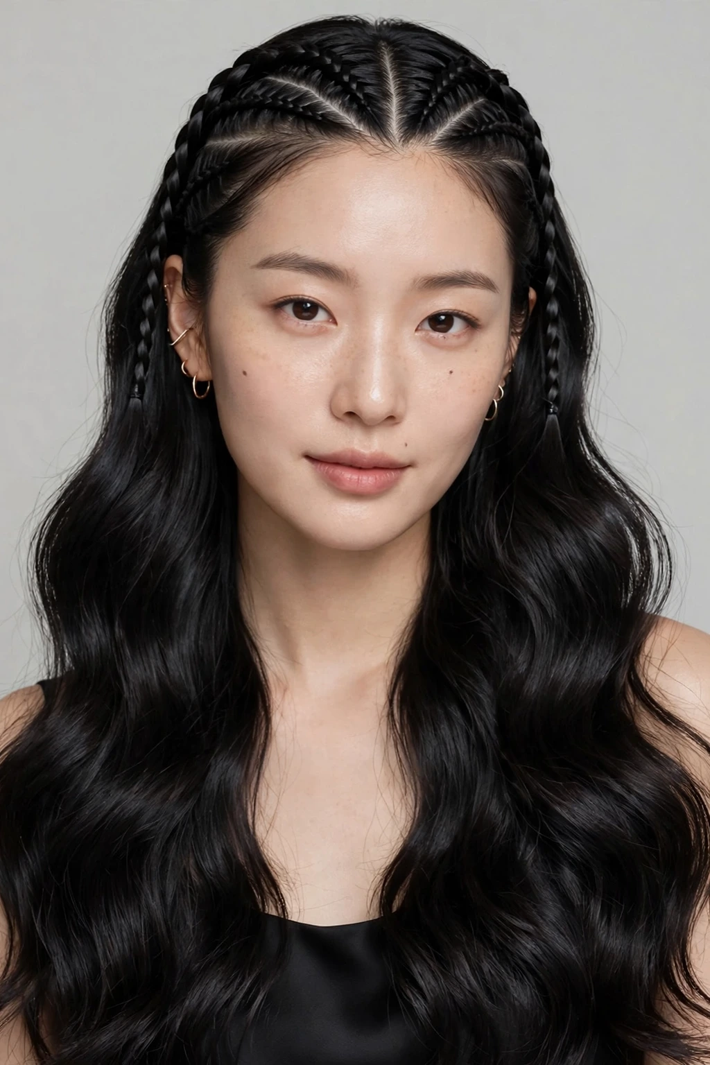 Korean Hairstyles for Women: 15 Lovely Ideas to Try 9 7. Long Black Wavy Hair With Knotless Braids
