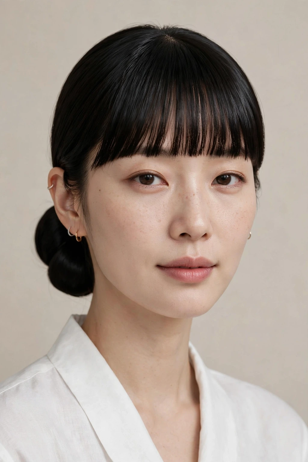 Korean Hairstyles for Women: 15 Lovely Ideas to Try 11 9. Long Straight Korean Hairstyle With Blunt Bangs and Bun