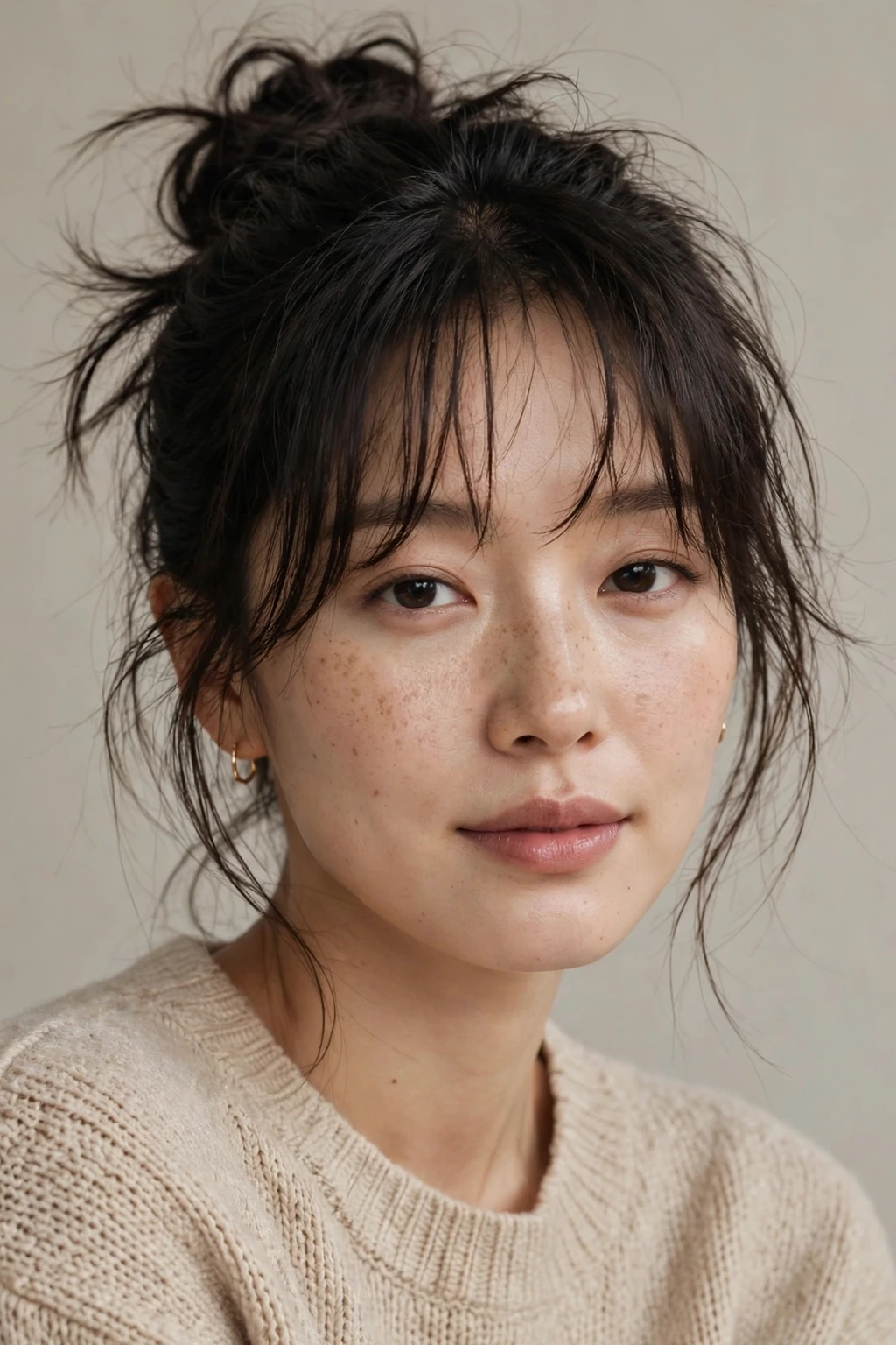 Korean Hairstyles for Women: 15 Lovely Ideas to Try 13 11. Korean Messy Bun Updo With Bangs