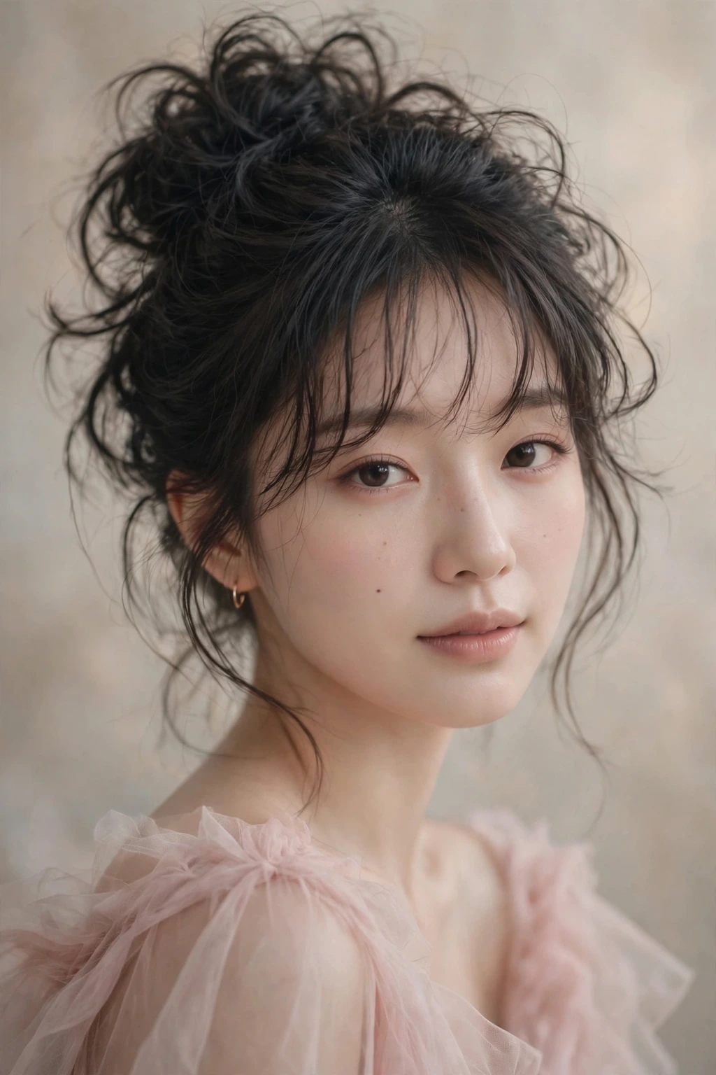 Korean Hairstyles for Women: 15 Lovely Ideas to Try 14 12. Korean Fluffy Messy Updo With Korean Bangs