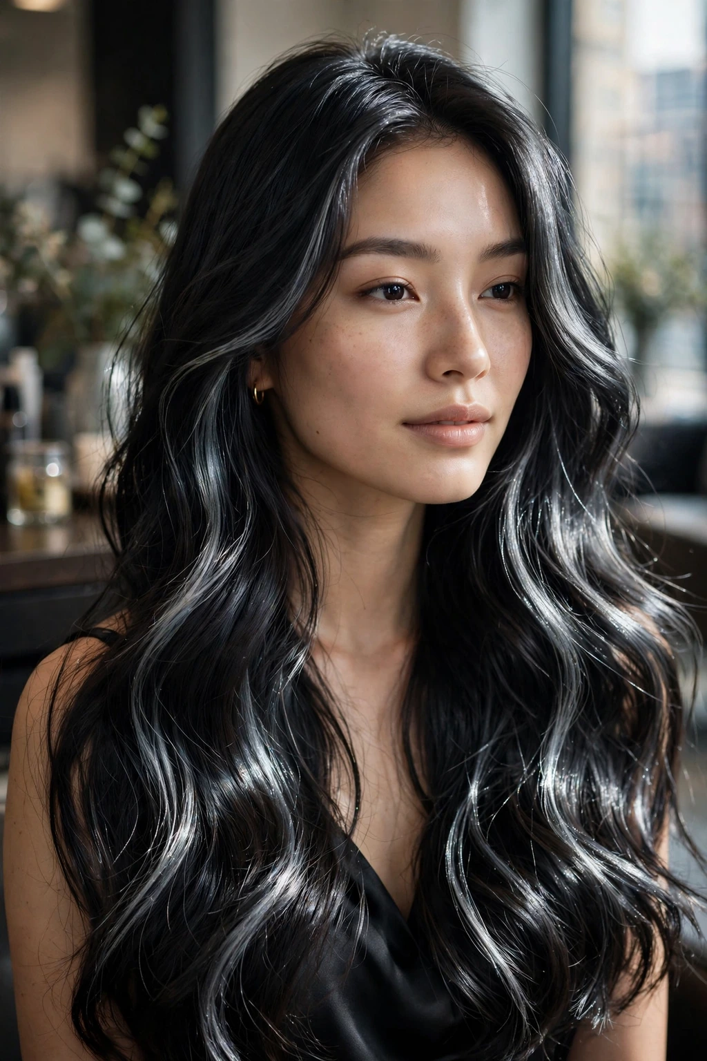 Silver Highlights: 15 Stunning Ideas to Try 5 3. Silver Highlights on Long Black Waves