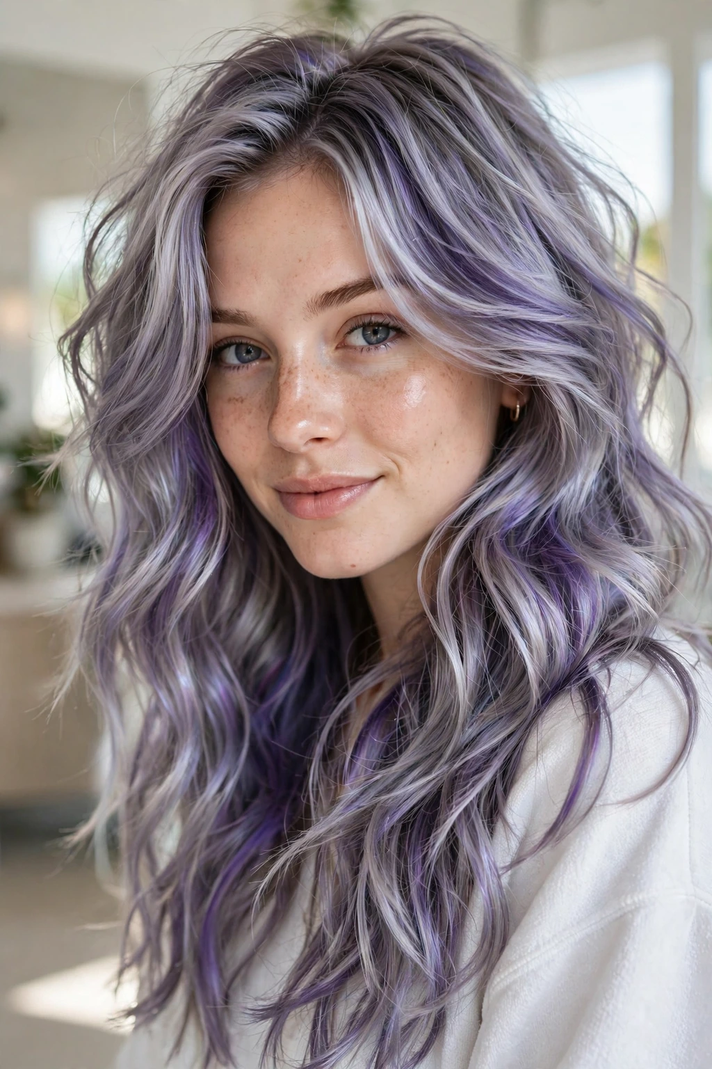 Silver Highlights: 15 Stunning Ideas to Try 6 4. Smokey Silver-Violet Highlights on Beachy Layers