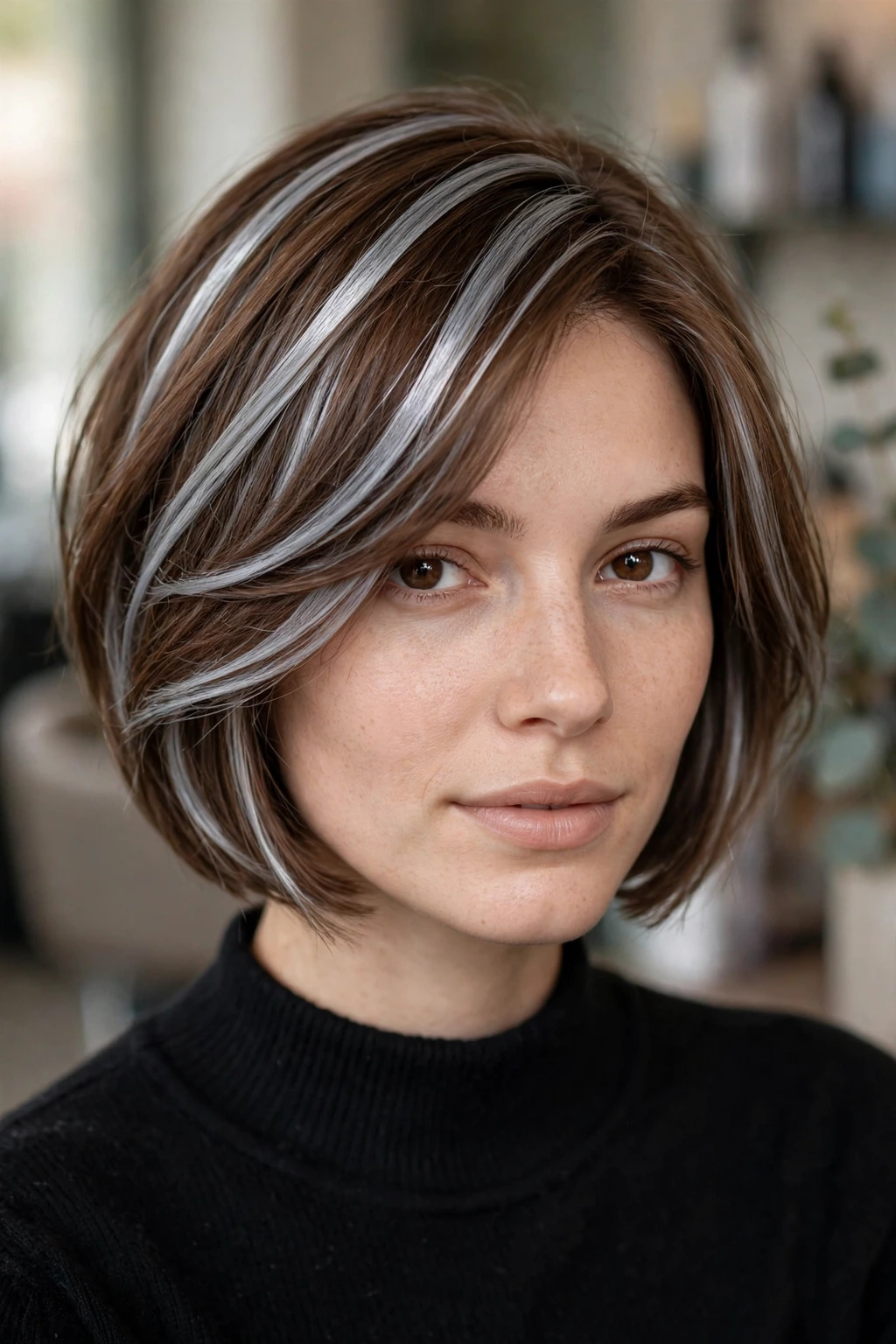 Silver Highlights: 15 Stunning Ideas to Try 16 14. Silver Highlights on a Brown Bob
