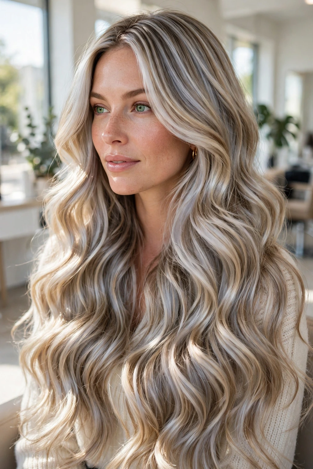 Silver Highlights: 15 Stunning Ideas to Try 17 15. Silver and Blonde Highlights on Long Waves