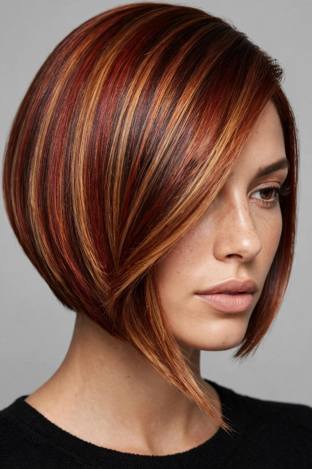 Caramel Highlights: 15 Gorgeous Ideas to Try 5 3. Sleek Angled Bob with Red and Caramel Dimension