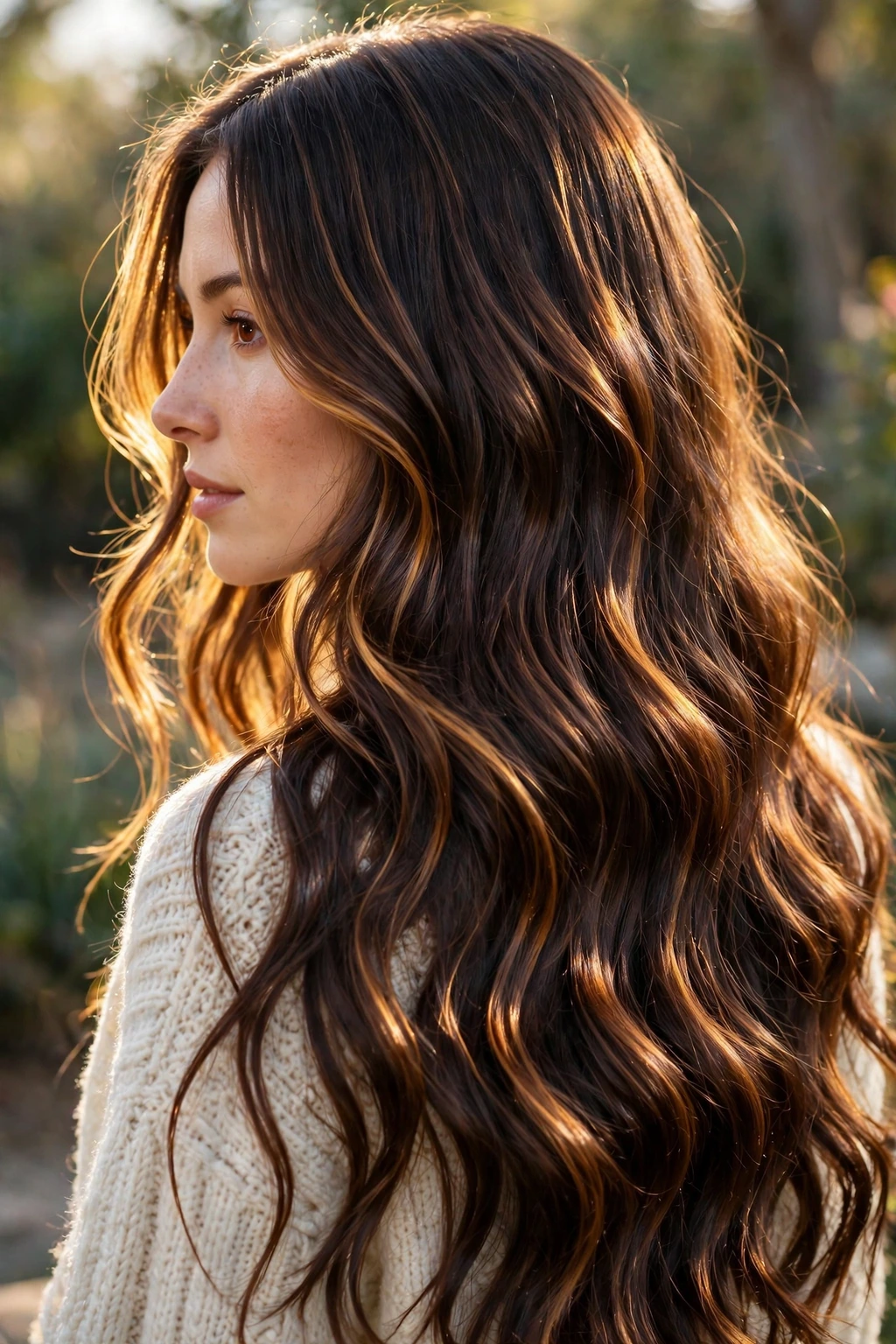 Caramel Highlights: 15 Gorgeous Ideas to Try 9 7. Long Dark Brown Waves with Glowing Caramel Pieces