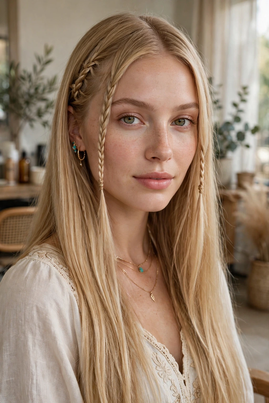 Hairstyles for Oval Shaped Face: 15 Flattering Ideas to Try 13 11. Long Blonde Straight Hair With Braided Flicks