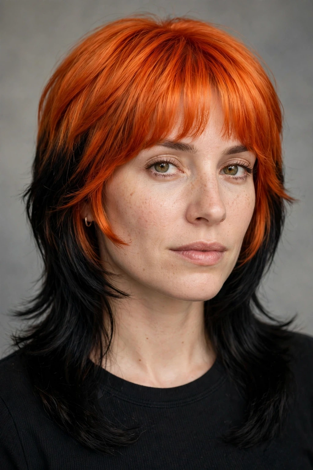 1. Orange and Black Medium Soft Mullet With Bangs