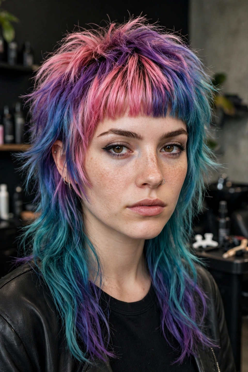 2. Punk Multi-Colored Soft Shag Mullet With Blunt Bangs