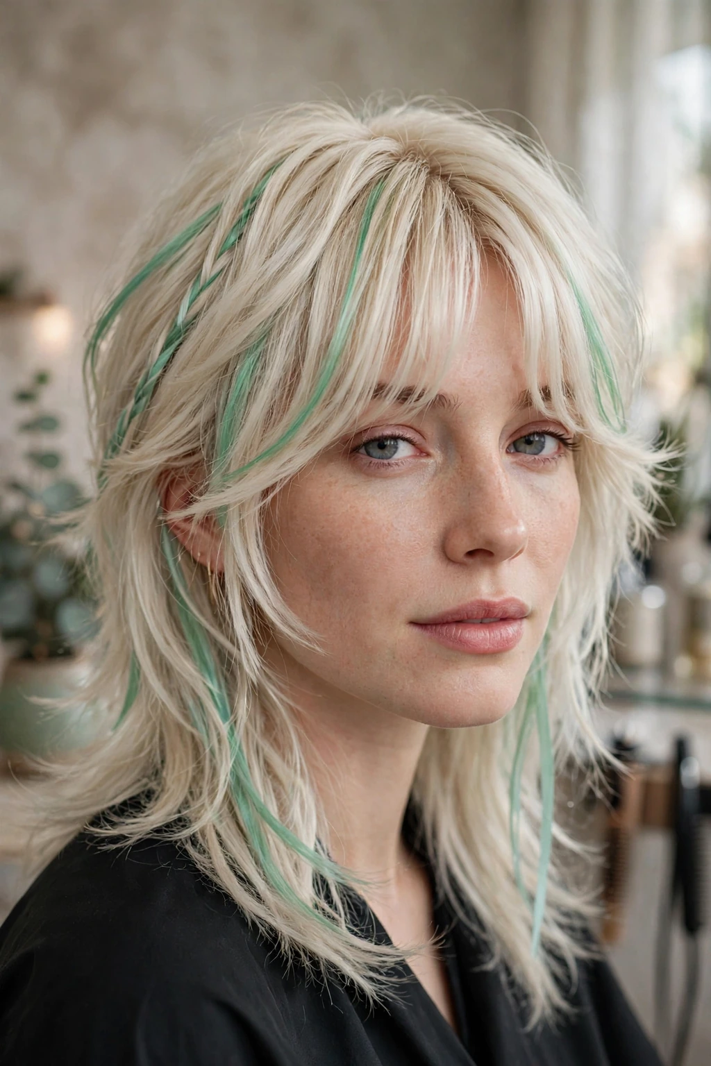 8. Bleached Blonde Soft Mullet With Curtain Bangs and Mint Highlights