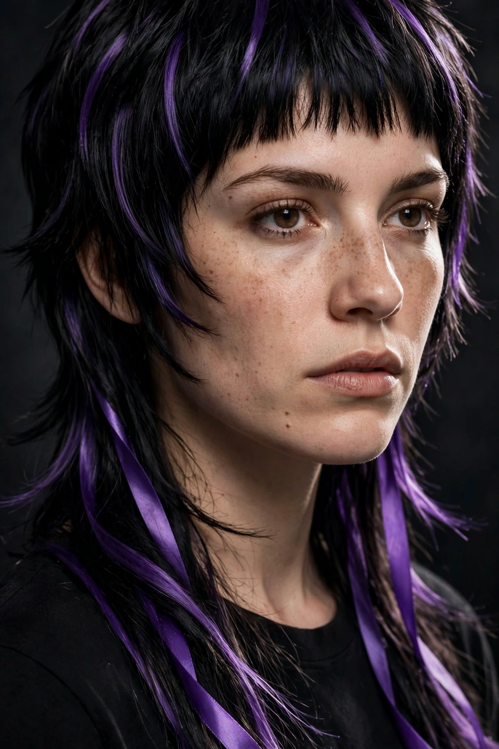 13. Black Soft Mullet With Micro Bangs and Purple Highlights