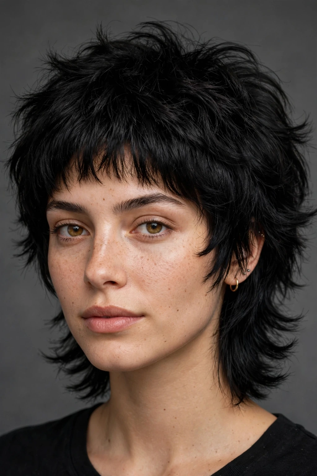 15. Short Fluffy Black Soft Mullet With Micro Bangs