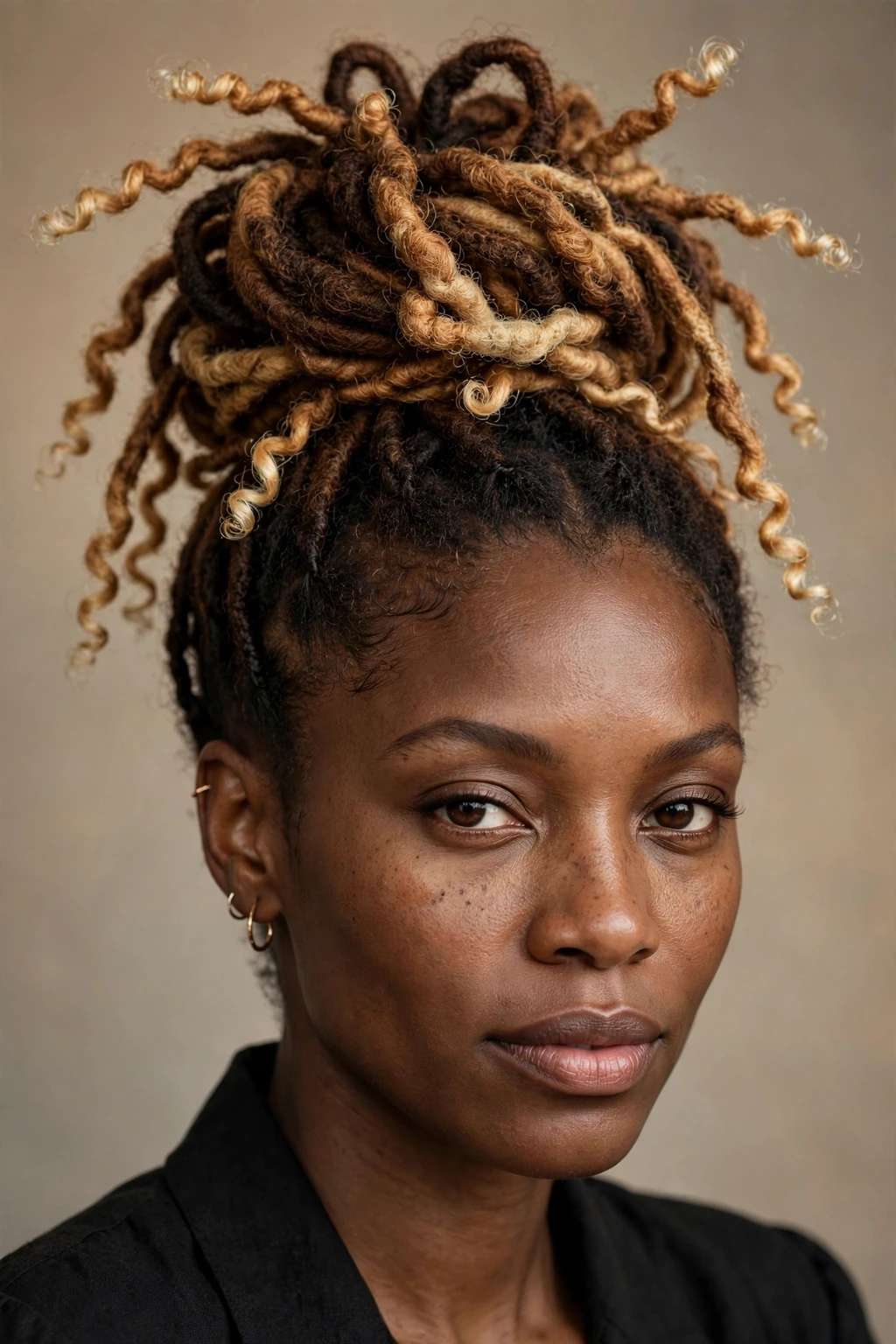 1. Chocolate and Caramel Two-Tone Locs in a High Bun