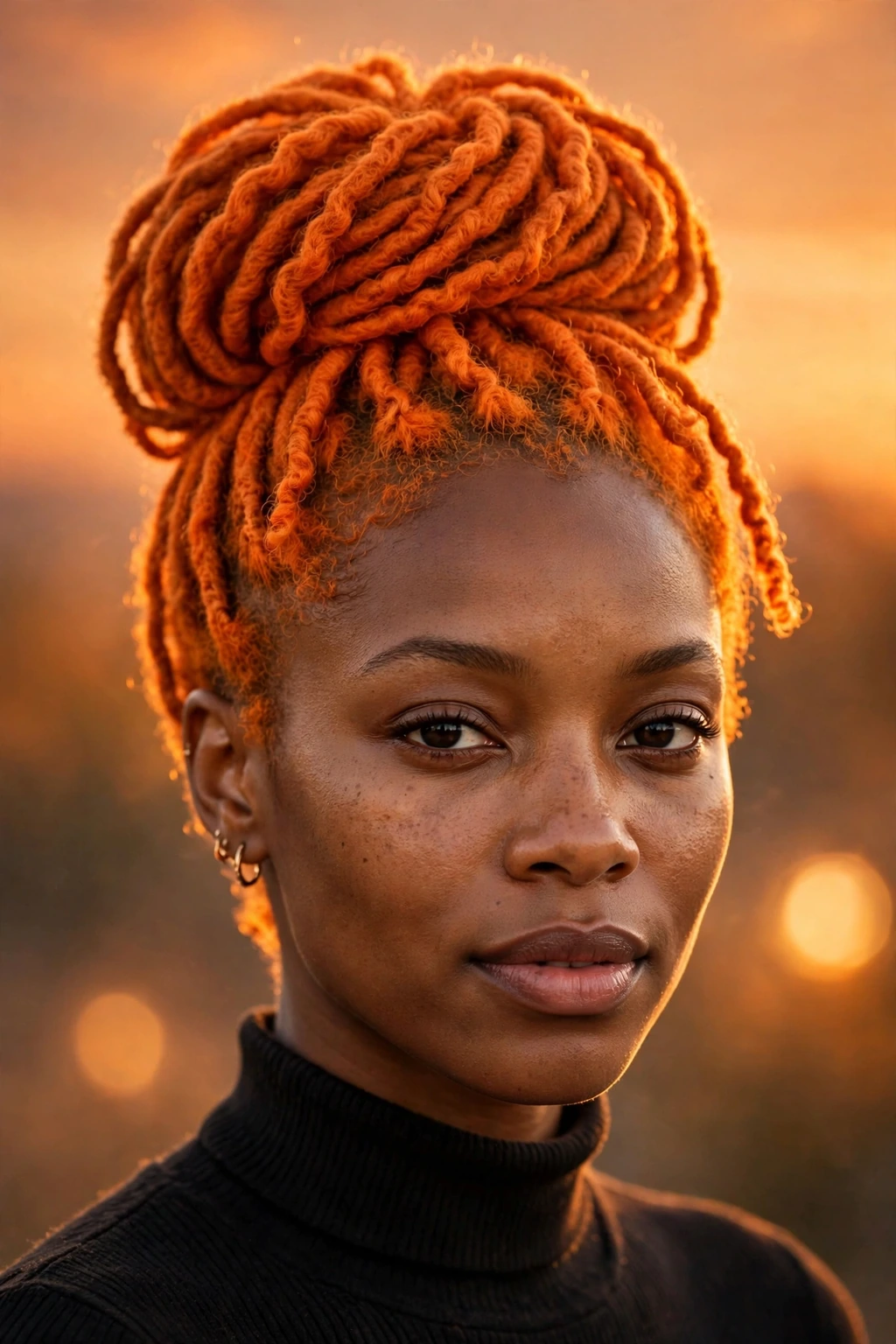 6. Sunset Orange Locs in a Mushroom Bun