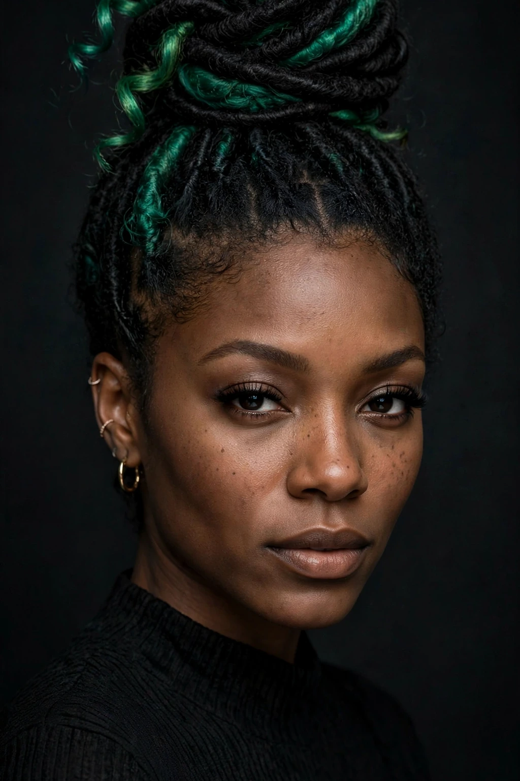 8. Emerald and Black Locs in a Top Knot