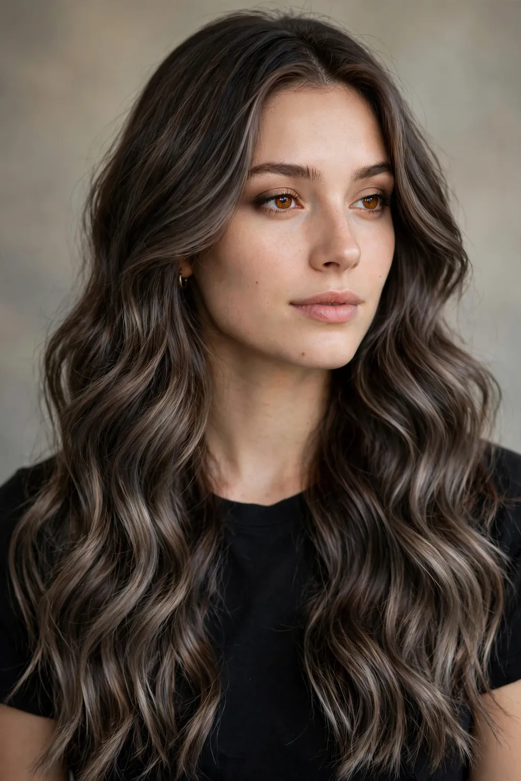 1. Smoky Mushroom Brunette Highlights on Long Hair